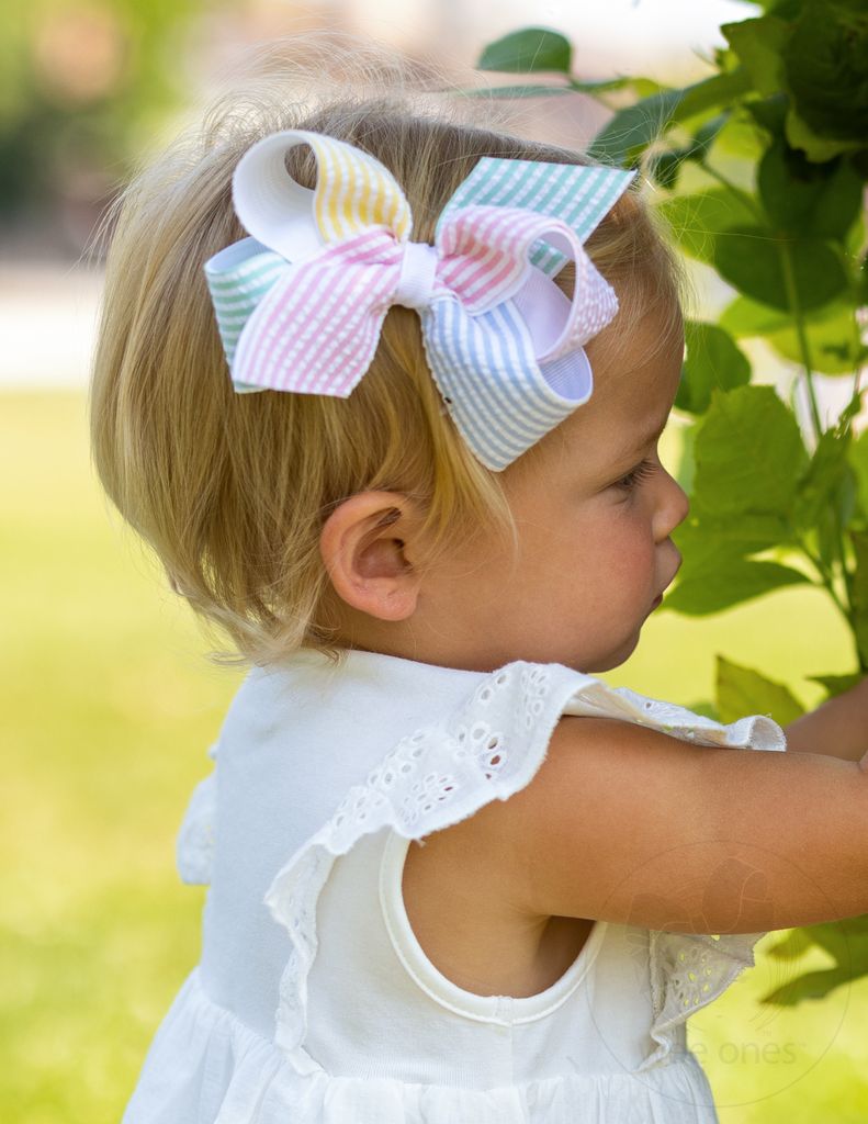 Medium Color Block Seersucker and Grosgrain Overlay Hair Bow