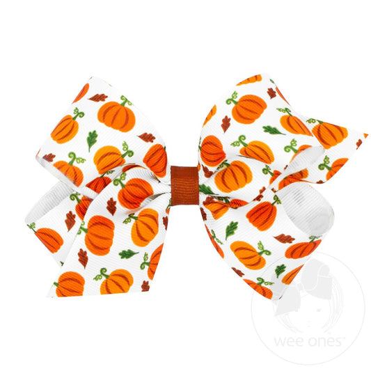 Medium Harvest - Themed Pumpkin Printed Grosgrain Hair Bow