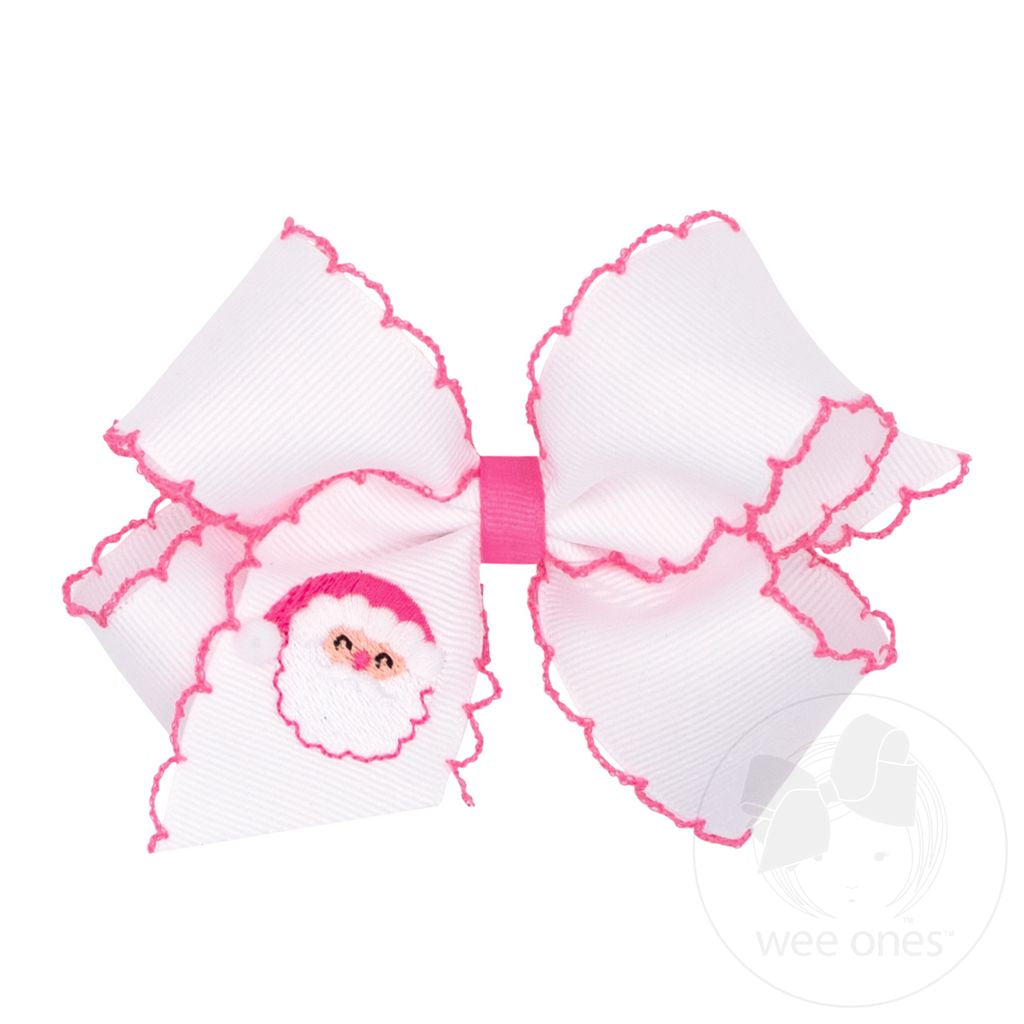 edium Grosgrain Hair Bow with Moonstitch Edge and Holiday - Themed Santa Claus Embroidery