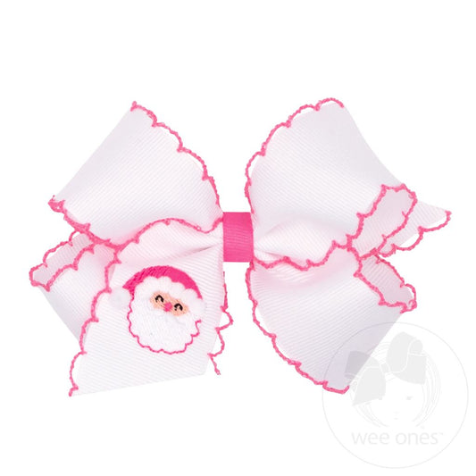 edium Grosgrain Hair Bow with Moonstitch Edge and Holiday - Themed Santa Claus Embroidery