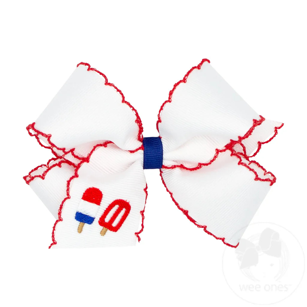 Medium Grosgrain Hair Bow with Moonstitch Edge and Patriotic Popsicle Embroidery