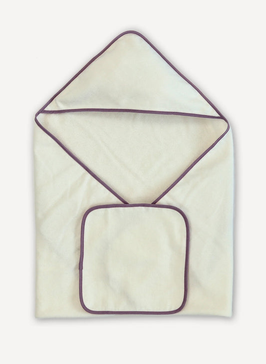 Deep Lavender Piped Hooded Bath Towel & Washcloth 2P Set