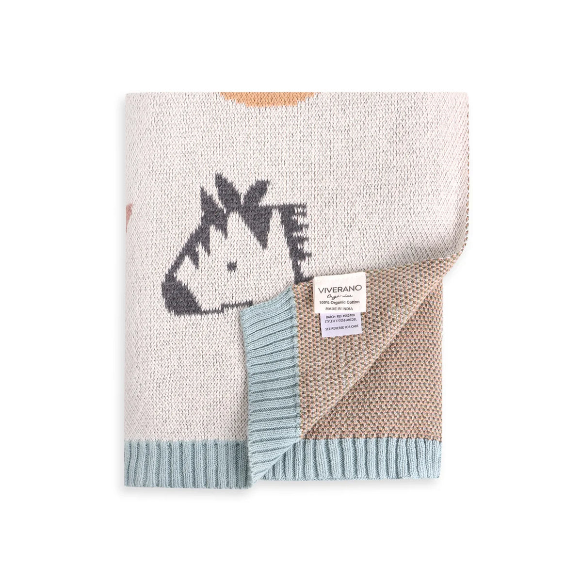 Alphabet Blue - Organic Cotton Jacquard Sweater Knit Baby Blanket - Natural/Blue