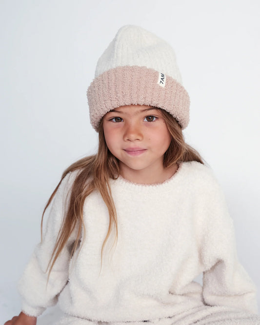 Two Tone Ribbed Beanie Fuzzy