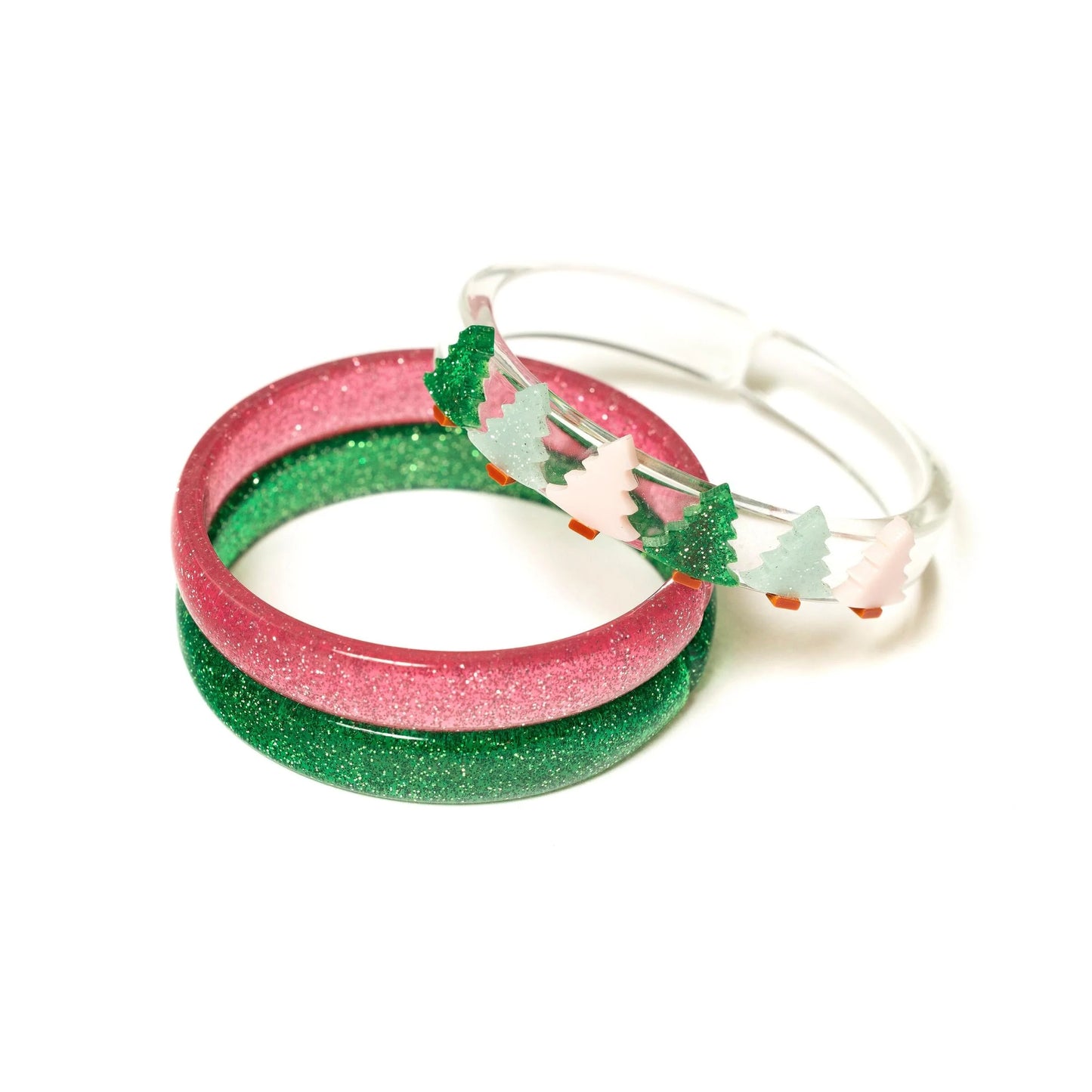 Multi Christmas Tree Glitter Pink + Green Bangle Set - Set of 3