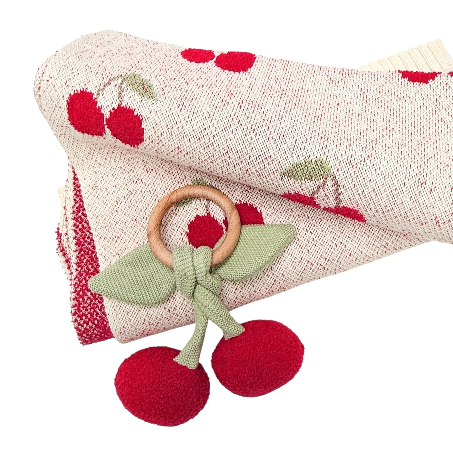 Organic Baby Blanket + Ring Rattle Toy Gift Set - Cherry