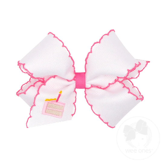 Medium Grosgrain Hair Bow with Moonstitch Edge and Embroidery - Cake