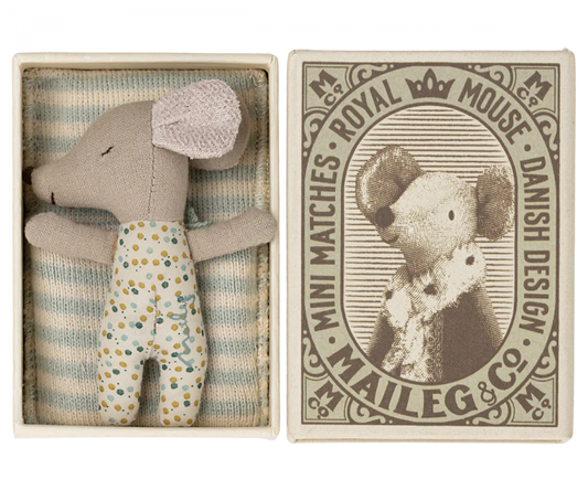 Sleepy/wakey baby mouse in matchbox - Blue