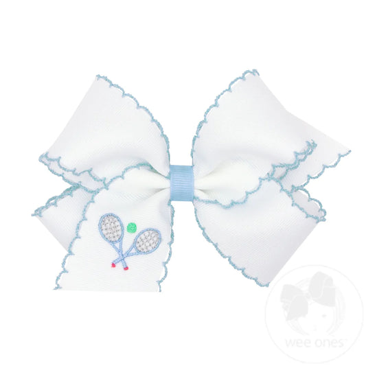 Medium Grosgrain Hair Bow with Moonstitch Edge and Embroidery - Country Club (Tennis)