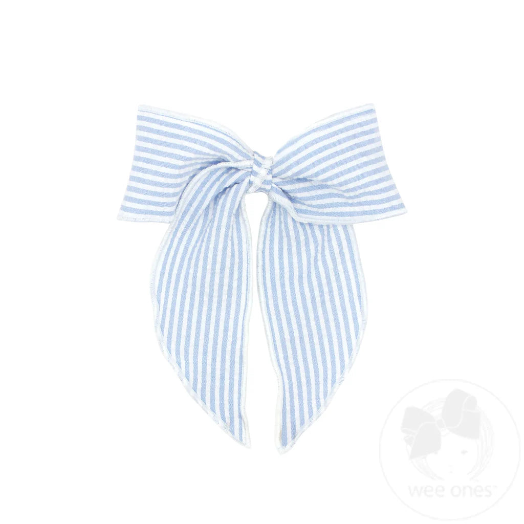 Medium Seersucker Bowtie with Twisted Wrap and Whimsy Tails - Blue