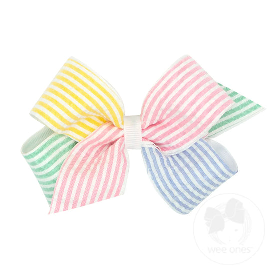 Medium Color Block Seersucker and Grosgrain Overlay Hair Bow