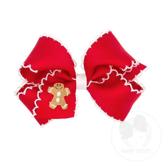 Medium Grosgrain Hair Bow with Moonstitch Edge and Holiday - Themed Gingerbread Embroidery