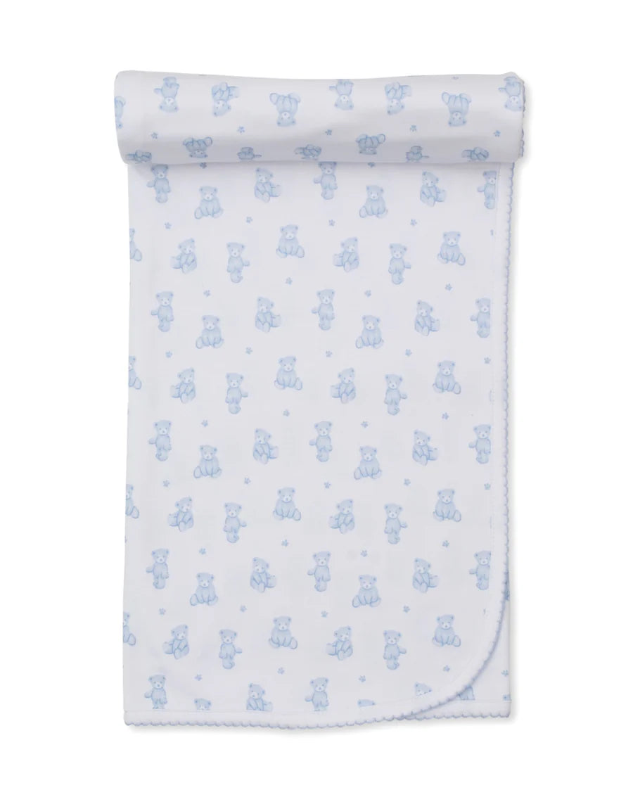 Blanket With Hand Embroidery - White, Light Blue Teddy Bear Time