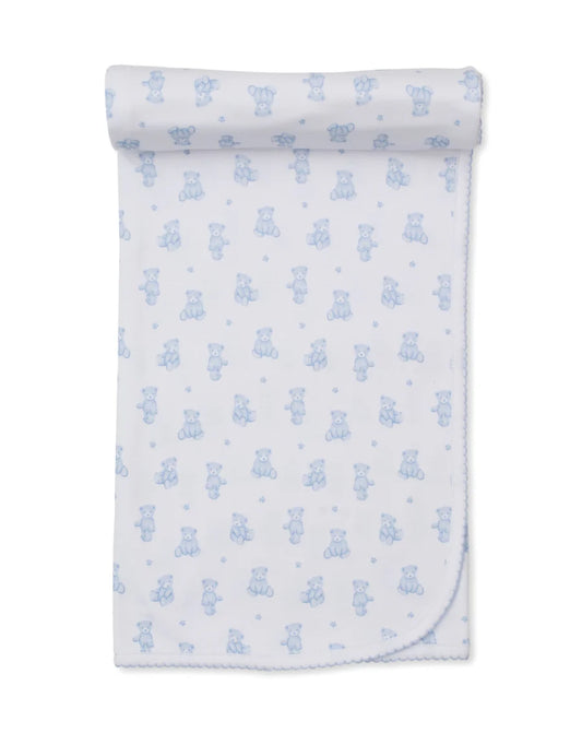 Blanket With Hand Embroidery - White, Light Blue Teddy Bear Time