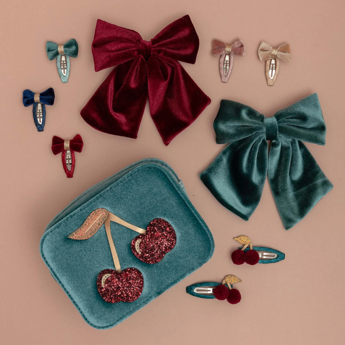 Pom Cherries Clips Teal Multi