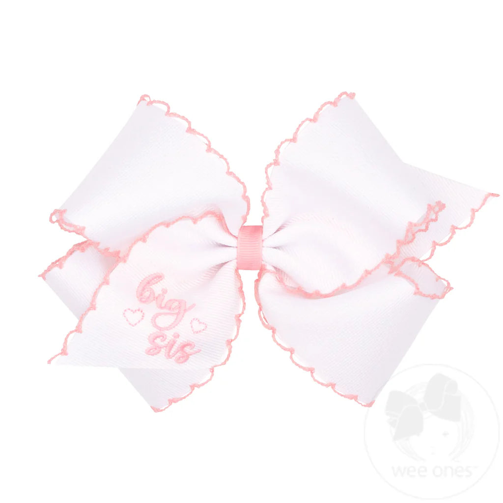King "Big Sis" Embroidered Grosgrain Hair Bow with Light Pink Moonstitch Edge