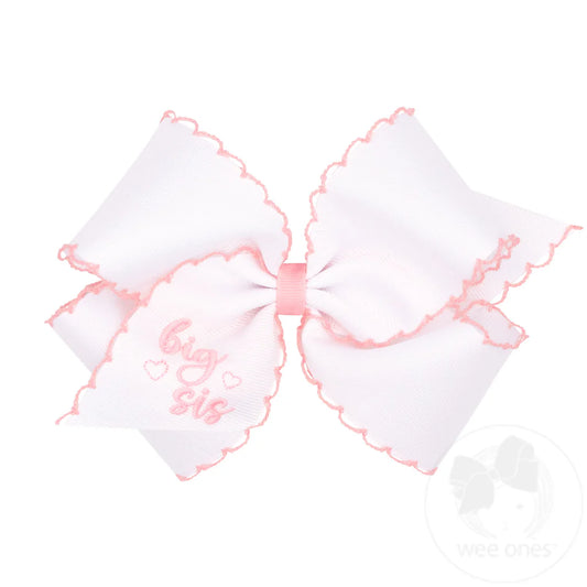 King "Big Sis" Embroidered Grosgrain Hair Bow with Light Pink Moonstitch Edge