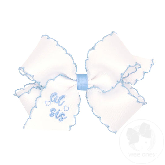 Medium "Lil Sis" Embroidered Grosgrain Hair Bow with Millennium Blue Moonstitch Edge