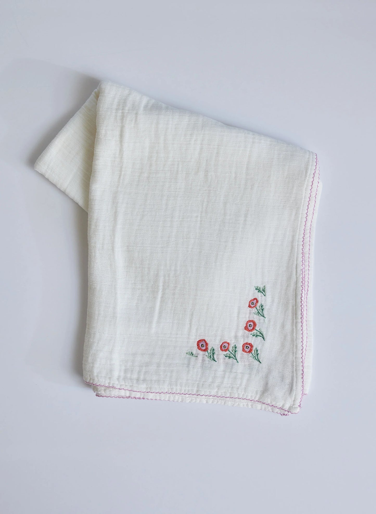 Poppy Embroidered Shawl Blanket - White