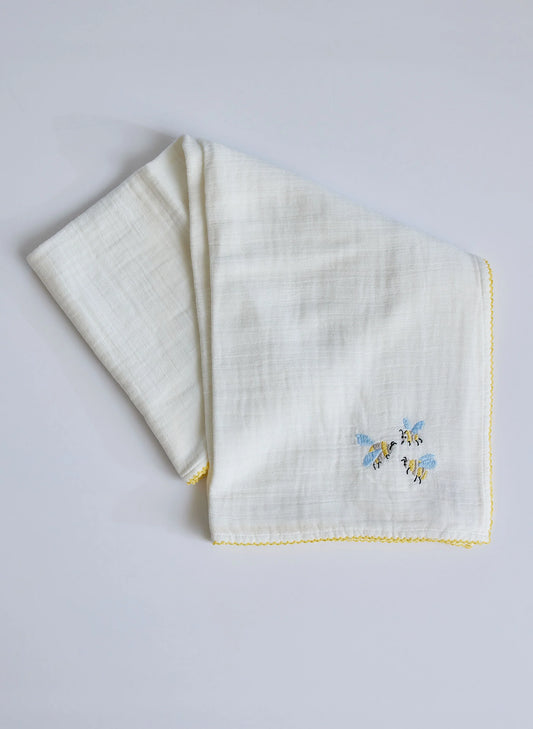 Bumblebee Embroidered Shawl Blanket - White