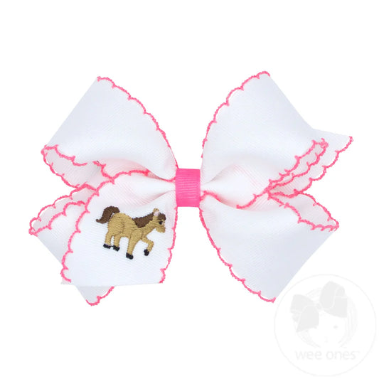 Medium Grosgrain Hair Bow with Moonstitch Edge and Embroidery - Farm (Horse)