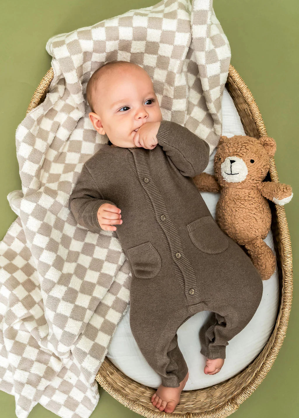 Terry Knit Baby Blanket - Tan Check