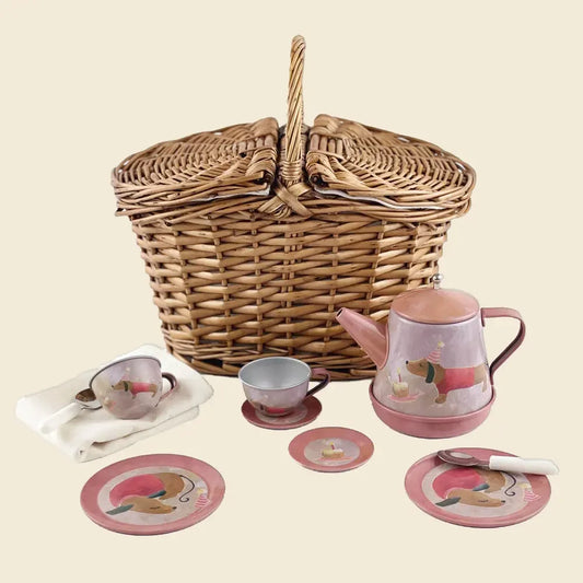 Musical Dog Tin Tea Set In A Basket