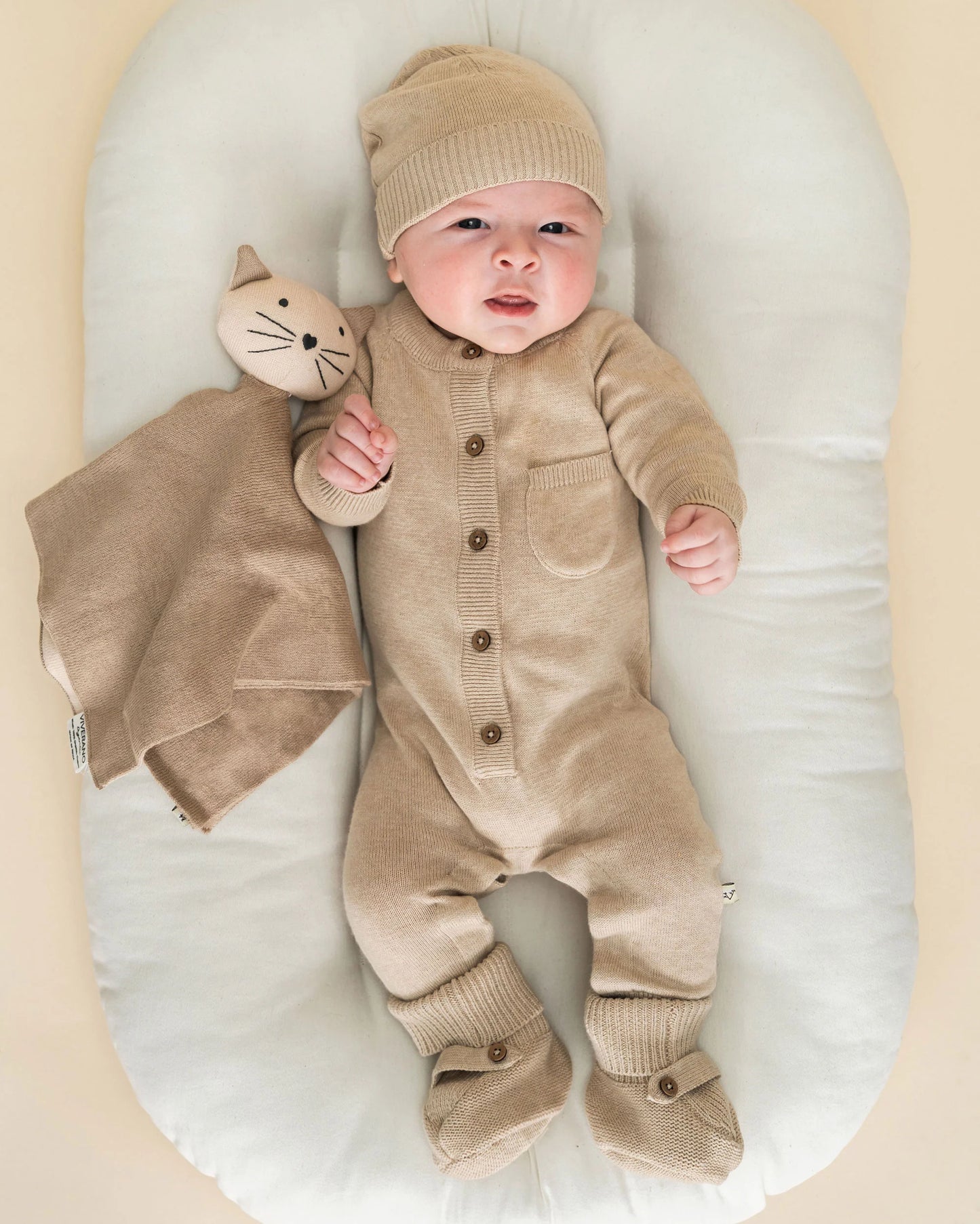 Organic Baby Lovey Security Blanket - Tan Kitty Cat