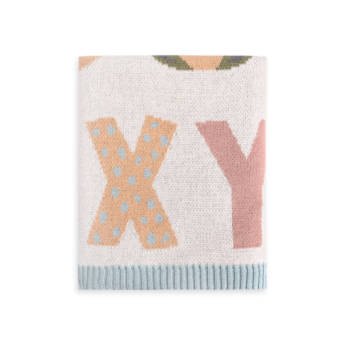 Alphabet Blue - Organic Cotton Jacquard Sweater Knit Baby Blanket - Natural/Blue