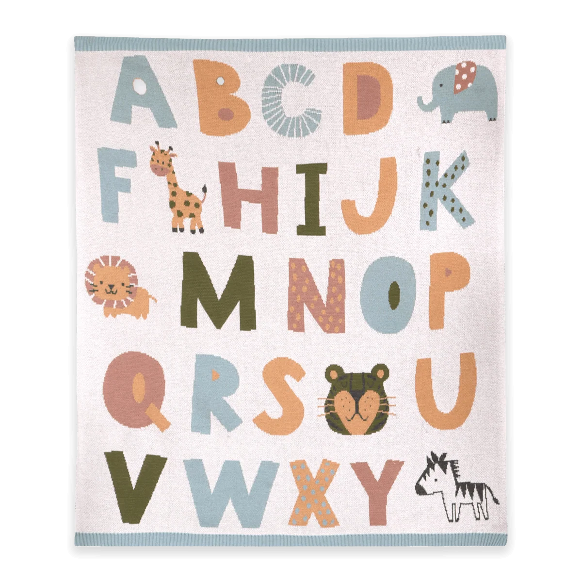 Alphabet Blue - Organic Cotton Jacquard Sweater Knit Baby Blanket - Natural/Blue