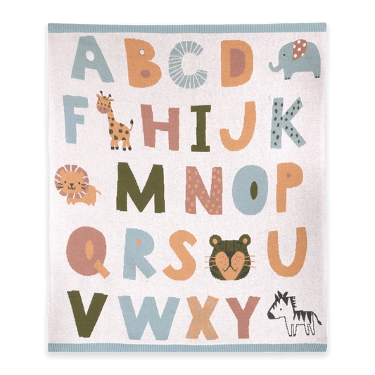 Alphabet Blue - Organic Cotton Jacquard Sweater Knit Baby Blanket - Natural/Blue