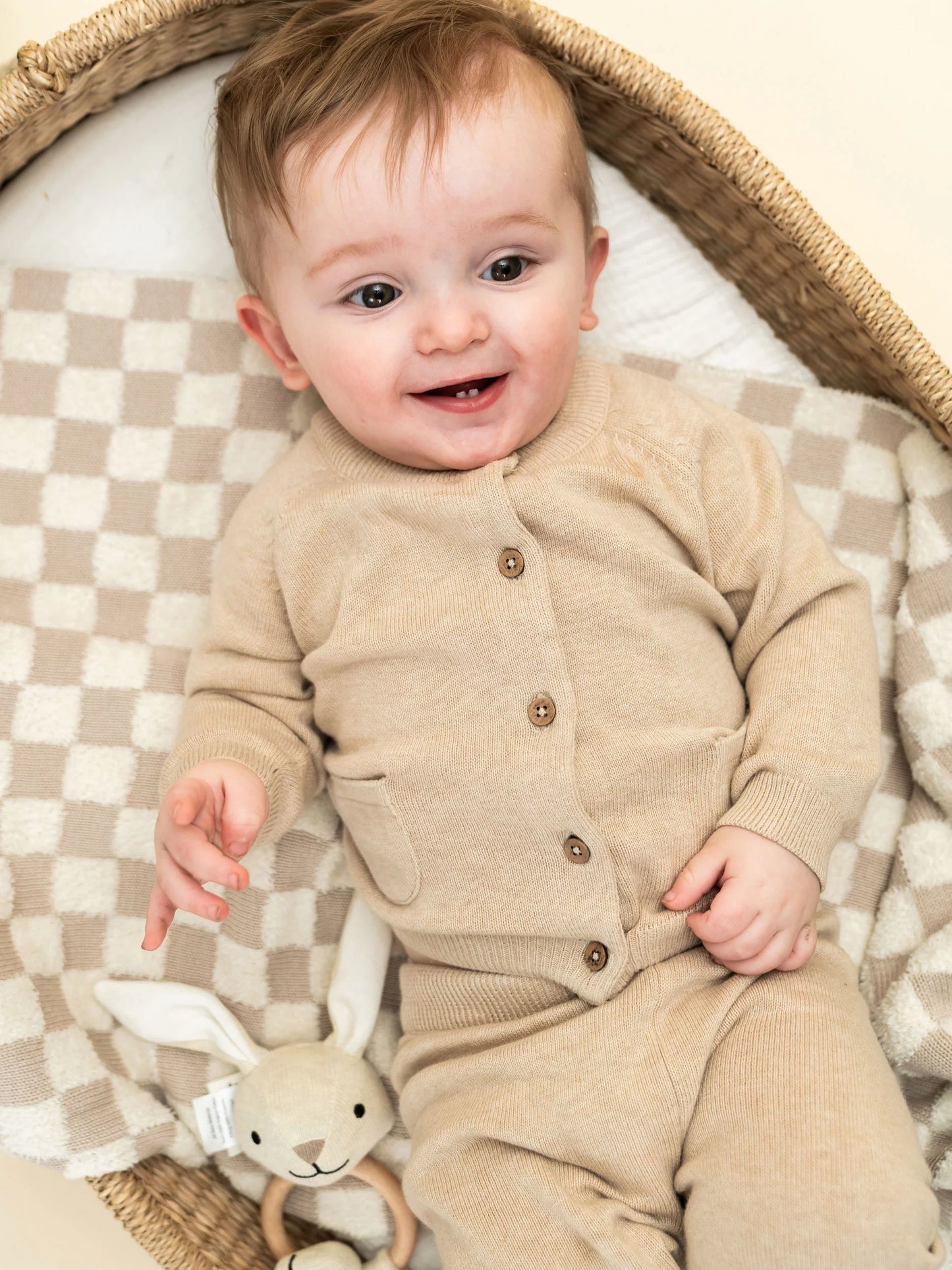 Terry Knit Baby Blanket - Tan Check