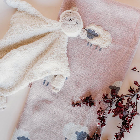 Pink Woolly Lamb 3D - Organic Cotton Jacquard Knit Baby Blanket - Rosewood Pink