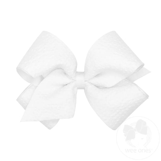 King Genuine Seersucker Fabric and Grosgrain Overlay Hair Bow - White