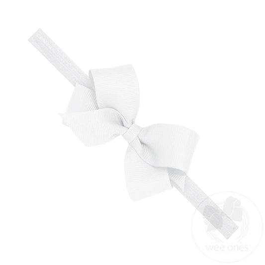 Mini Grosgrain Girls Hair Bow on a Soft Elastic Baby Band - White