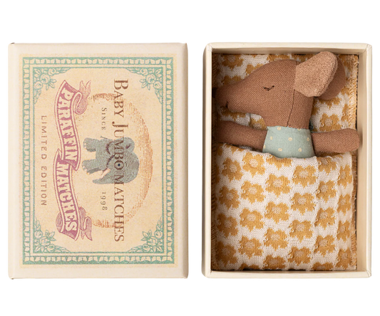 Sleepy wakey baby mouse in matchbox - blue, yellow flowers