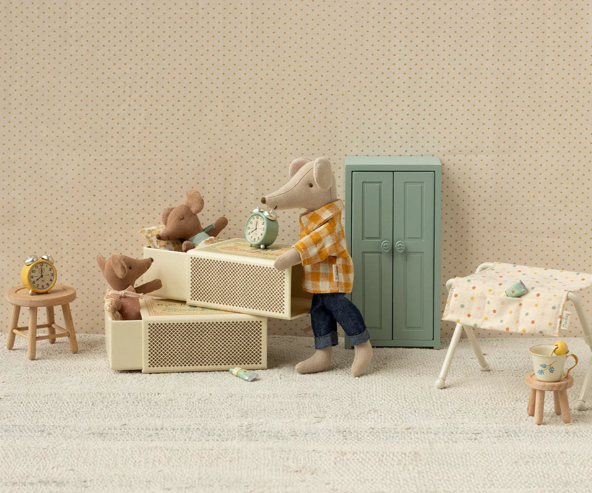 Sleepy wakey baby mouse in matchbox - blue, yellow flowers