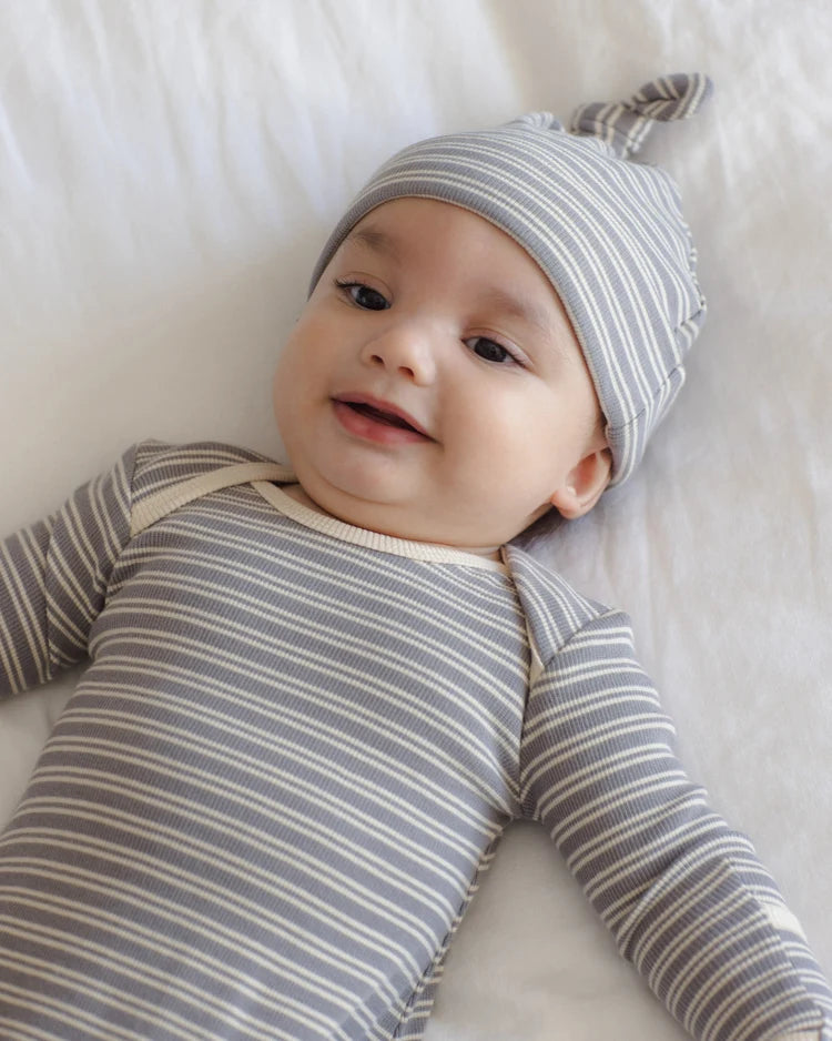 Knotted Baby Gown & Hat Set - Slate Micro Stripe - OS