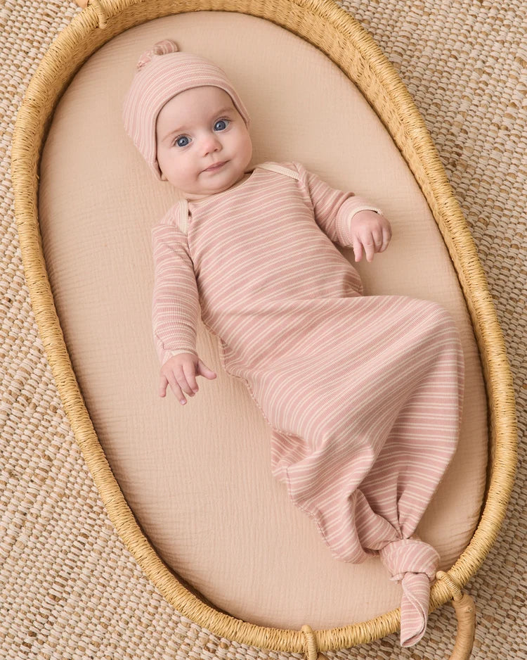 Knotted Baby Gown & Hat Set - Dusty Rose Micro Stripe - OS