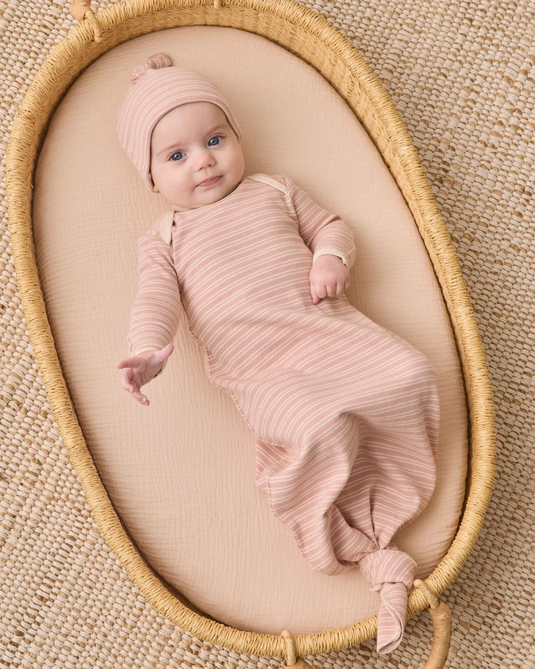 Knotted Baby Gown & Hat Set - Dusty Rose Micro Stripe - OS