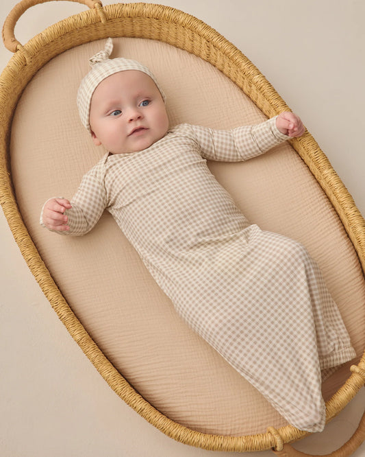 Bamboo Baby Gown + Hat Set - Oat Gingham - NB