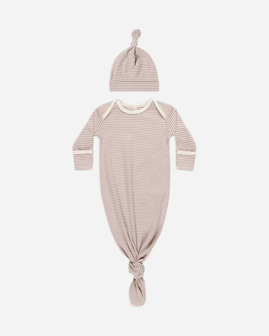 Knotted Baby Gown & Hat Set - Mauve Stripe - OS