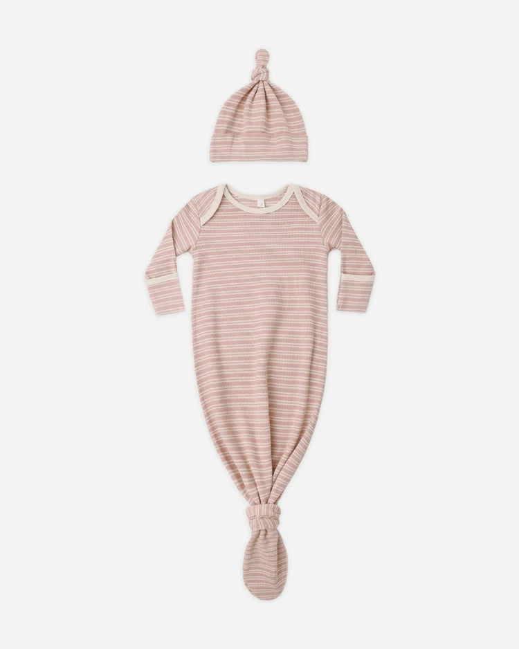 Knotted Baby Gown & Hat Set - Dusty Rose Micro Stripe - OS