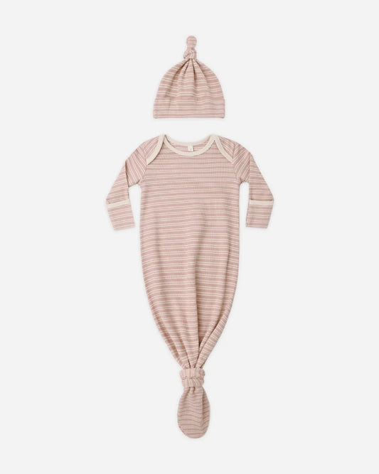 Knotted Baby Gown & Hat Set - Dusty Rose Micro Stripe - OS