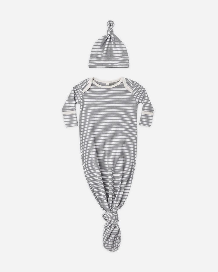 Knotted Baby Gown & Hat Set - Slate Micro Stripe - OS