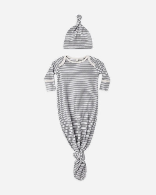 Knotted Baby Gown & Hat Set - Slate Micro Stripe - OS