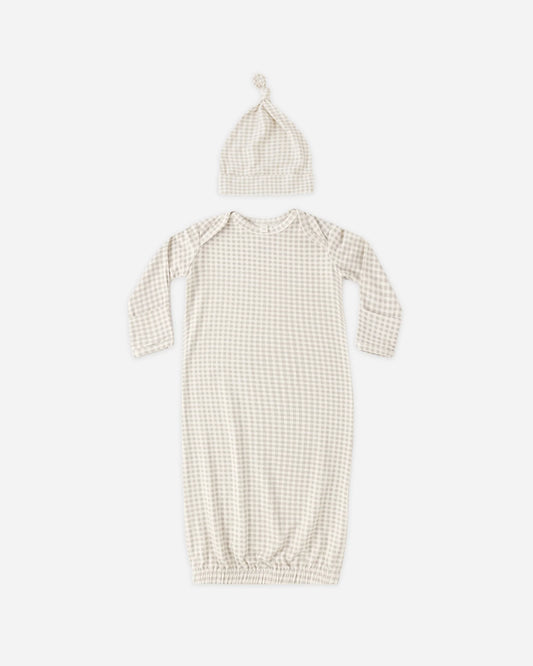 Bamboo Baby Gown + Hat Set - Oat Gingham - NB