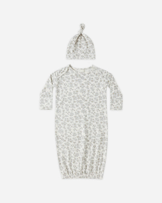 Bamboo Baby Gown + Hat Set - Blue Floral - NB