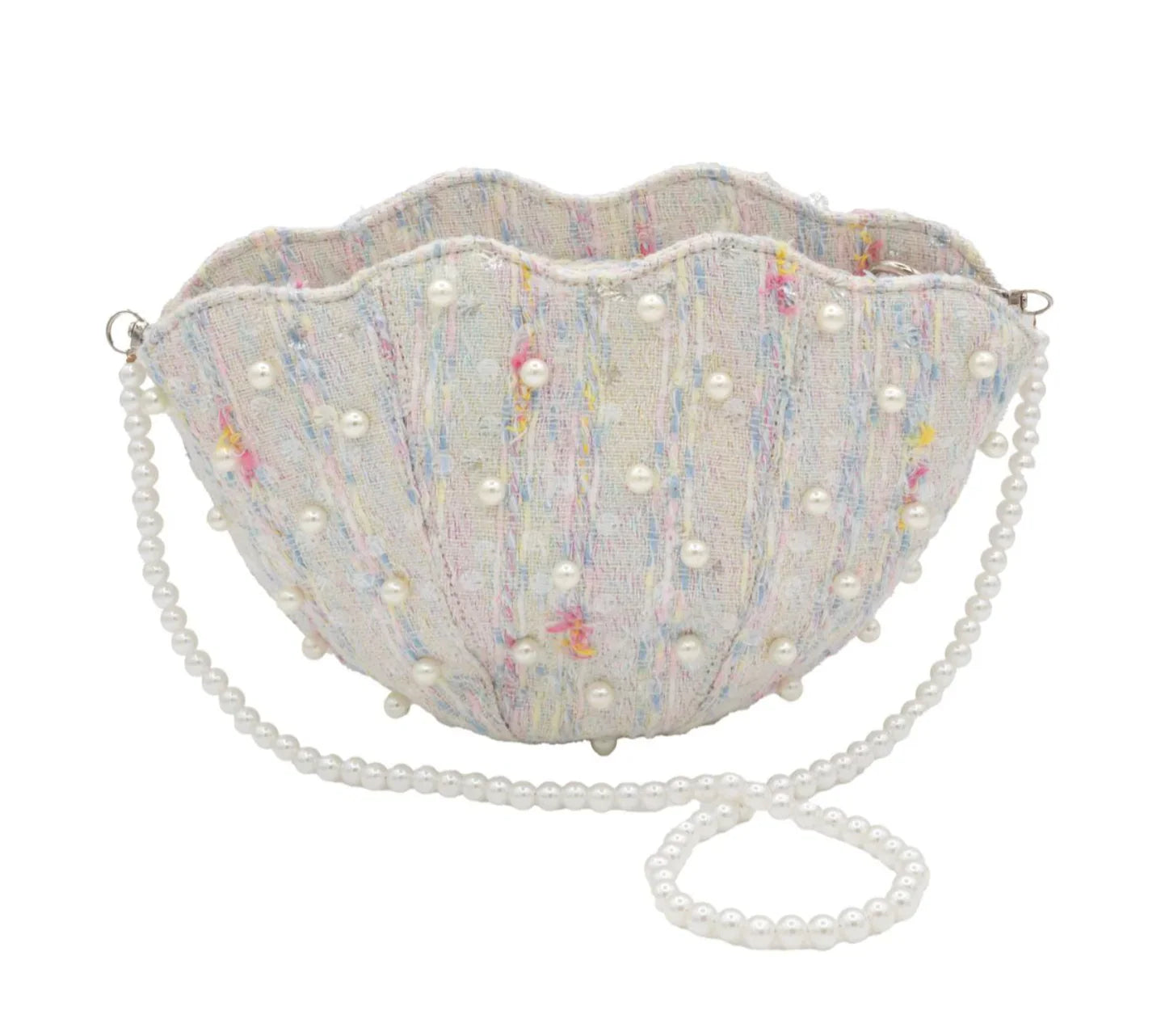 Linen Pearl Seashell Bag with Crossbody Pearl Strap