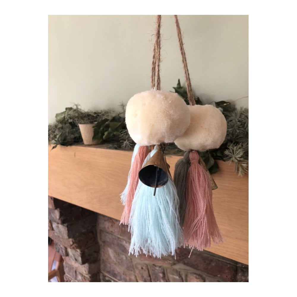 Cream Pom Pom with Blue & Grey Tassels